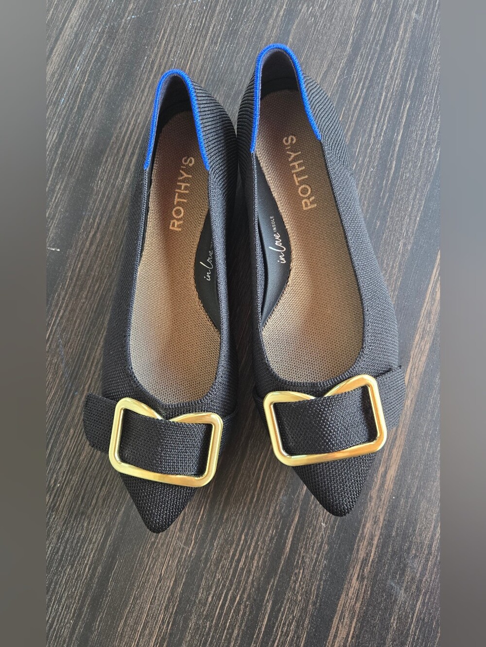 Rothy's Black Pointed-Toe Flats Gold Buckles-Size 6.5